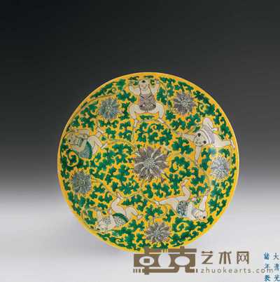 清光绪 黄地三彩婴戏图盘 直径24.5cm